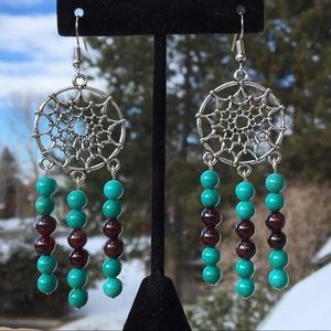 Turquoise Magnesite Garnet Dreamcatcher Earrings